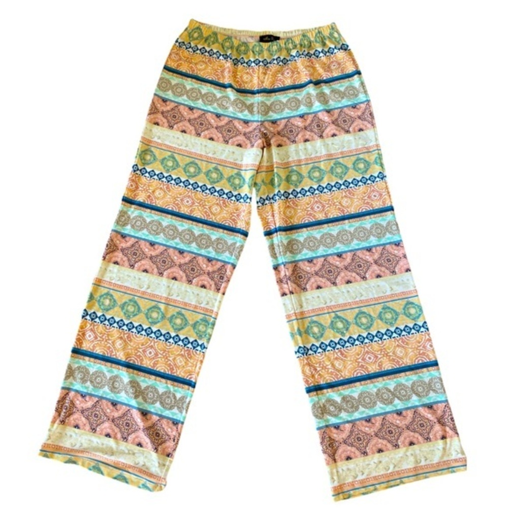 Melissa Paige Palazzo Pants -XL pink orange cream print , polyester spandex
